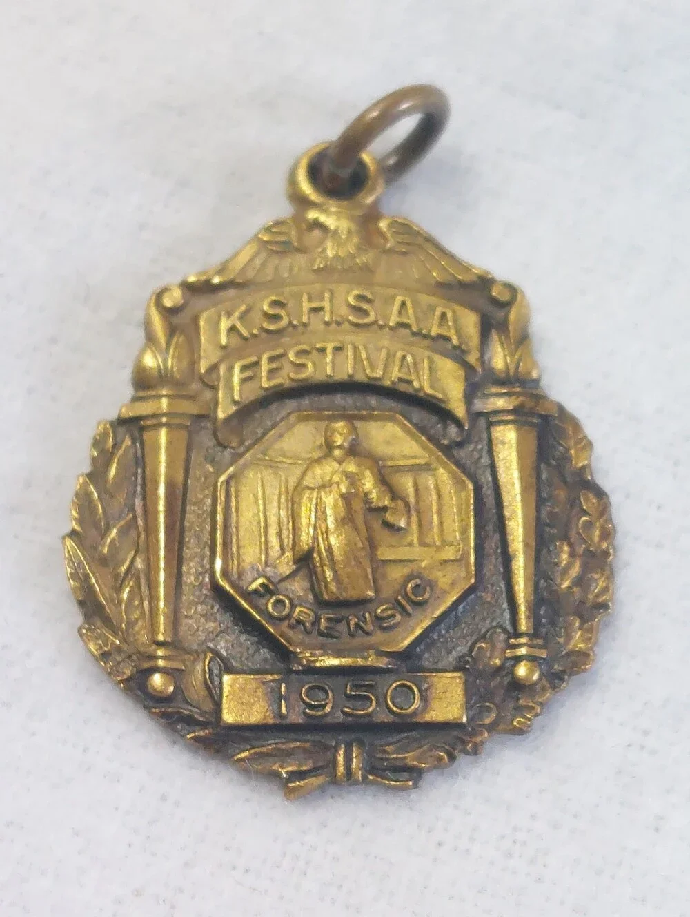Vintage 1950 KSHSAA Forensics Award Medal Charm Pendant Brass Torch Eagle L&C